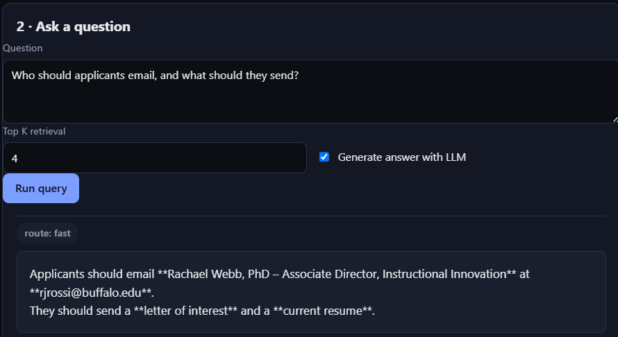 DocuMind answering who applicants should email and what to send, with top-k set to 4.