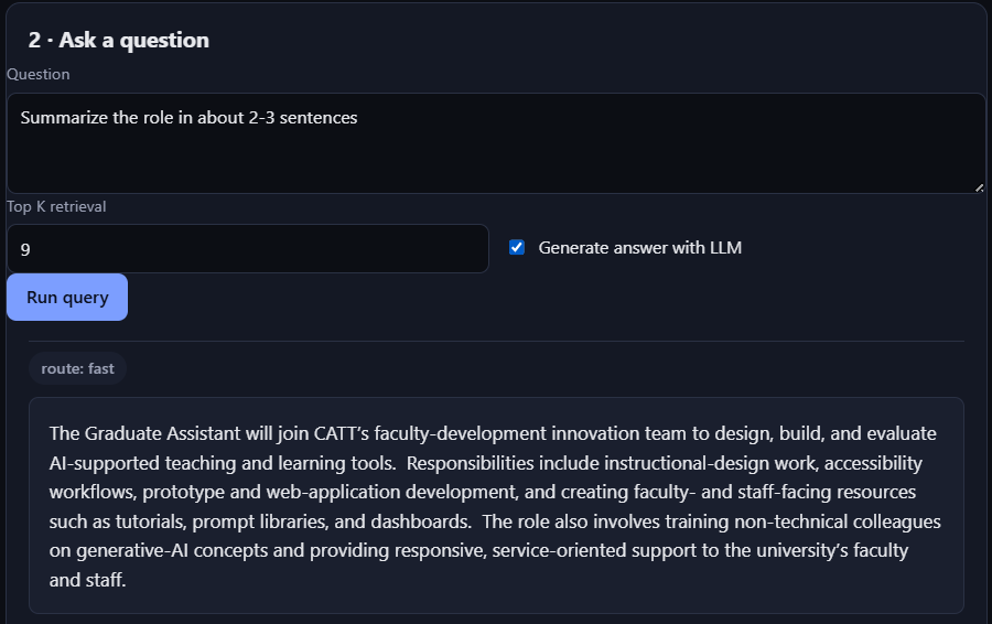DocuMind summarizing the graduate assistant role in three sentences, with top-k set to 9.