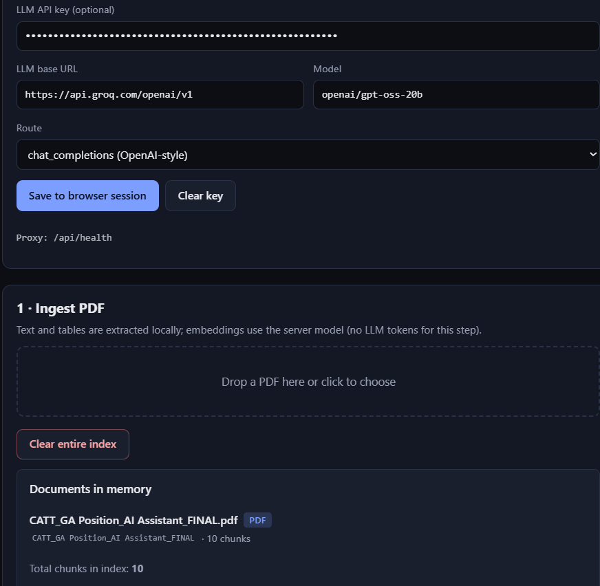 DocuMind ingest panel with a PDF drop zone and a document list showing a job-posting PDF split into 10 chunks.