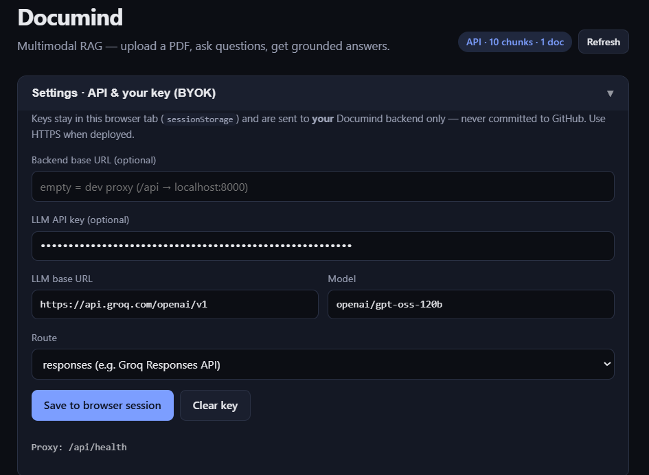 DocuMind settings: API status pill reading 'API · 10 chunks · 1 doc', LLM key field, Groq base URL, gpt-oss-120b model and Responses route.